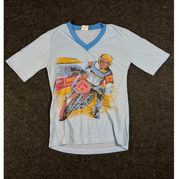 The Unbranded Brand Other - Vintage 60s Shirt Kids Large Blue Motorcycle Racing Biker Graphic Tee Streetwear